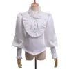 Bluzki damskie wiktoriańska bluzka Kobiet Królewska Królewska Księżniczka Renaissance Medieval Long Rleeve White/Black Ruffled Jabot Lolita Shirt