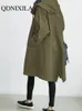 Женские плащи, осенний женский Тренч большого размера, однотонная ветровка с карманом и капюшоном, верхняя одежда цвета хаки, Femme 230215