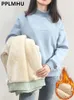 Hoodies للنساء من البلوزات الشتاء شتاء من النوع الثقيل من البلوزات غير الرسمية Lambwool نصف لامبوول اليرقان الشارع الشارع قمم دافئة الصوف مبطن Sudaderas 230215