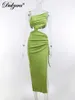 Casual jurken dulzura trekstring ruches veter omhoog vrouwen een schouderband midi jurk holle buitensplit Backless Bodycon Vacation Club Party T230210