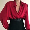 Femmes Blouses Chemises Mode Automne Chemise Revers À Manches Longues Solide Noir Rouge Dames Pour Femme Top Vêtements 230214