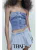 Damestanks Camis Traf Summer Women Fashion Sexy Solid Color Mouwlevess Short Denim Bustier Top Casual Blouses Tops 230215
