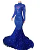 Royal Blue gillter sequins applique Prom Dresses 2023 aso ebi Long Sleeve Evening Dress For Black Girls Graduations Gown Mermiad abends