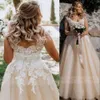 2023 Wedding Dresses Bridal Gowns Light Champagne A Line White Lace Applique Covered Buttons Corset Back Floor Length Tulle Country Beach vestido de novia