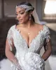 2023 Luxury Mermaid Wedding Dresses Bridal Gown Beaded Crystals Long Sleeves Ruffles Deep V Neck Chapel Train Custom Made Vestidos de novia Plus Size