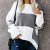 여자 스웨터 가을 겨울 레트로 스트라이프 여성 O- 넥 느슨한 캐주얼 풀오버 패치 워크 대비 색깔 니트 점퍼 스웨트 셔츠