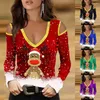 Koszule kobiet 2023 Europejskie i amerykańskie łosie Bożego Narodzenia seksowne na ramię Trumpet T-shirt z długim rękawem Kobiety