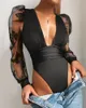 Kvinnor Jumpsuits Rompers Winter Women Sexig spetsar Puff Sleeve Red Bodysuit Blus Solid Vneck Black See Through Body Top Patchwork Suit 230214