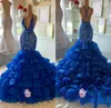 Parti Elbiseleri Kraliyet Mavi Denizkızı Prom Dantel Aplikler Derin V Boyun Seksi Sırtsız Gece Elbisesi Artı Boyut Katmanlı Etekler Resmi Elbise