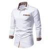Męskie koszule zwykłe parklees jesienne plai plevid patchwork formalne dla mężczyzn szczupłe białe guziki z długim rękawem w górę koszuli