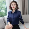 Femmes Blouses Chemises Élégant Bureau Dames Travail Blouse À Manches Longues Revers Boutons Cachés Lumineux Basique Satin Soie Femme Tops 230214