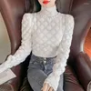 Women's Blouses Pullover Ladies Tops 2023 Autumn/winter Turtleneck Bottoming Shirt Women's Bubble Long Sleeves With Lace Top Necklace