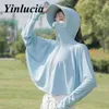 T-shirt da esterno Donna Estate Ghiaccio Seta Sottile Giacca di protezione solare Con cappuccio Copertura per il viso Freddo Ciclismo Spiaggia Protezione solare Cappotto Protezione UV Abbigliamento J230214