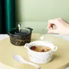 Bowls Nordic Gold Grain Ceramic Small Stew Pot Round Household Bird's Nest Cup Binaural Waterproof With Glass Lid Bowl