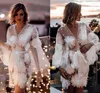 Envolve 2023 Ilusão Sexy Bridal Bathrobe Apliques de flores de manga longa mini mulheres curtas Sono vestido de casamento túnica de casamento