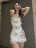 カジュアルドレスDulzura Floral Print Women Mesh Strap Mini Dress Ruched Bodyconセクシーなストリートウェアパーティークラブ