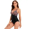 One Piece Triangle Swimsuit Womens V Neck Color Block Wrinkle Belly Covering Sexy
