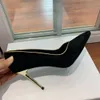 Gouden trim Jurk schoenen ontwerper naaldhak Puntige tenen damespompen klassieke Mode embossing Kasjmier Leer Metalen hak vrouwen Schoen 35-42