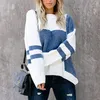 여자 스웨터 가을 겨울 레트로 스트라이프 여성 O- 넥 느슨한 캐주얼 풀오버 패치 워크 대비 색깔 니트 점퍼 스웨트 셔츠