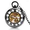 Pocket Watches Cool Black Hollow Roman Number Mechanical Hand Winding Watch Men Women Retro Gifts With Pendant Chain