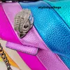 Cross Body Rainbow Wave Mönster Kvinnor Handväska örnhuvud på den främre klaffen som leder färgglada korskroppspåse lapptäcke pu läder 021523h