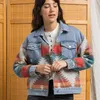 Womens Jackets Women Fashion Boho Patchwork Jacket Bohemian Aztec Print Denim Coat Vintage Geometric Jeans Woolen Shirt Slit Button Outwear 230215