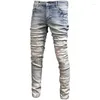 Men's Jeans High Street Fashion Hip-Hop Retro Wash Distressed Cashew Nut Print Embroidery Stretch Slim Men'S Trendy Brand Pencil