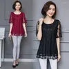 Blusas femininas colar de gola redonda larga camisa de renda longa pontilhas mulheres camisas de blusa de manga curta tops chiffon malha feminina transparente BLUSA 911i