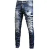 Jeans da uomo alla moda High Street Beggar Patch Foro al ginocchio Industria pesante Lavaggio Pantaloni da uomo anziano Piedi sottili Matita denim giovanile