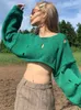 Women's Sweaters Y2K Green Hollow Out Cropped Knit Smock Top Women Loose Long Sleeve Distressed Crochet Pullovers Designer Short Sweater