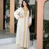 Etniska kläder vit maxi klänning v hals ramadan abaya dubai kalkon islamiska muslimska långa kläder abayas kvinnor musulmane femme diamantrock