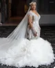 Robe de mariée 2023 robes de sirène perlées de luxe princesse perles de cristal perles corset col en V organza volants cathédrale train nuptiale