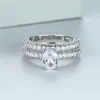 Bröllopsringar White Zircon Ring Set Dainty Crystal Oval Stone Double Boho Silver Color Engagement Set for Women