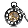 Pocket Watches Cool Black Hollow Roman Number Mechanical Hand Winding Watch Men Women Retro Gifts With Pendant Chain