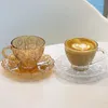 Cups Saucers Luxury And Retro Coffee Glass Cup Saucer Set Nordic Vintage Relief Flower Pattern Mugs Water Cafe Tea Milk