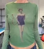 Kadın Tişörtleri Moda Kadınlar Peri Baskı Uzun Kollu Yuvarlak Yuvarlak T-Shirt Base Harajuku Estetik Üstler Yaz Sonbahar Y2K Mesh şeffaf