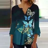 Women's Blouses Spring Summer Blouse Flower Print V Neck Three Quarter Sleeve Loose Pullover Dress-up Half Single-breasted Slim Fit Shirt