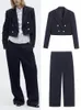Women's Two Piece Pants RAFZNB Spring 2023 Streetwear Sea Blue Sets Short Double Breasted Long Sleeve Blazer Loose Wide Leg 230215
