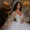 Suknia ślubna Dubai Vestidos Novia Ball Suknia 2023 Long Rleeve 3D Flower Lace Luksusowe suknie ślubne kryształowe koraliki panny młodej de de de de de