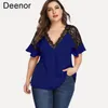 Women's Plus Size T-Shirt Deenor Plus Size Women's Tops Lace Stitching Sexy Bottoming Top V-neck Casual Women's T-shirt Solid Color Femme Wear 230215