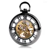 Pocket Watches Cool Black Hollow Roman Number Mechanical Hand Winding Watch Men Women Retro Gifts With Pendant Chain