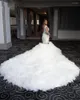 Wedding Dress 2023 Luxury Beaded Mermaid Dresses Princess Crystal Pearls Beading Corset V Neck Organza Ruffles Cathedral Train Bridal
