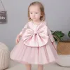 Lovely Pink Wedding Flower Girl Sheer Neck Ball Gown Kids Födelsedagsfestklänningar Beaded Bow Tie Toddler Pageant Wears First Commonion Dresses 403