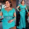 Turquoise zeemeermin avondjurken sprankelende pailletten kralen lange mouwen juweel nek op maat gemaakte formele ocn slijtage Arabische prom jurk vestidos