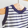 Girl Dresses Cotton Navy Style Sailor Collar Striped Sleeveless Born Baby Dress With Snaps Infant Outfit Net Yarn Summer Lace 2023