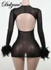 Casual Dresses Dulzura Feather Mesh See Through Sexy Y2K Clothes Long Sleeve Backless O-Neck BodyCon Mini Dresses Women Club Streetwear Outfits T230210