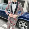 Men's Suits 2023 Latest Fashion Men Slim Fit Flower Printed Suit Groom Wedding Dress Tuxedos Evening Party 2 Pcs (Blazer Pants)