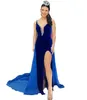 Robe de bal en velours bleu royal avec des cristaux de train en organza plongeant col en V Lady Preteen Teen Girl Pageant robe formelle fête mariage invité Capet rouge piste haute fente