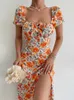 Casual Dresses Sexy Floral Print Short Sleeve Hip Wrap Party Dress Elegant Off Shoulder Backless Dress New Summer Waist Slit Boho Long Dresses T230210