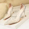 Dress Shoes Wommen 2023 Simple Pointed Rhinestone Transparent Thin High-heeled Party Elegant Casual Korean Pumps Women